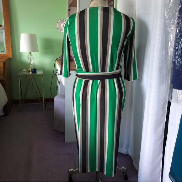 Simple Life Dress never been worn. Green crème and brown stripe with wrap belt - Picture 3 of 5